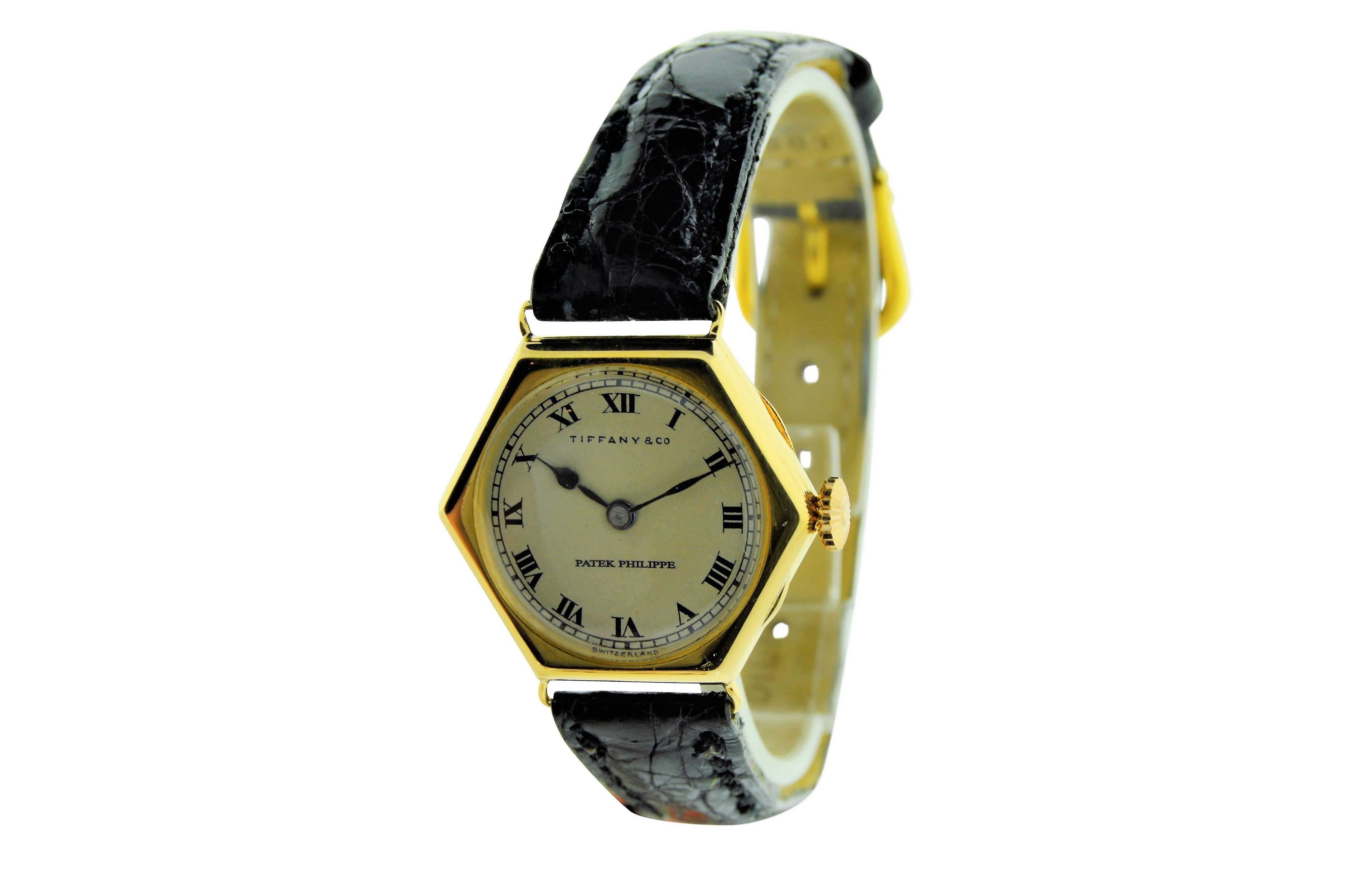 FACTORY / HOUSE: Patek Philippe and Company
STYLE / REFERENCE: Art Deco 
METAL / MATERIAL: 18 Kt Yellow Gold 
DIMENSIONS: 27mm X 26mm
CIRCA: 1918 / 1920
MOVEMENT / CALIBER: Manual Winding / 18 Jewels / 8 Adjustments
DIAL / HANDS: Original Silvered