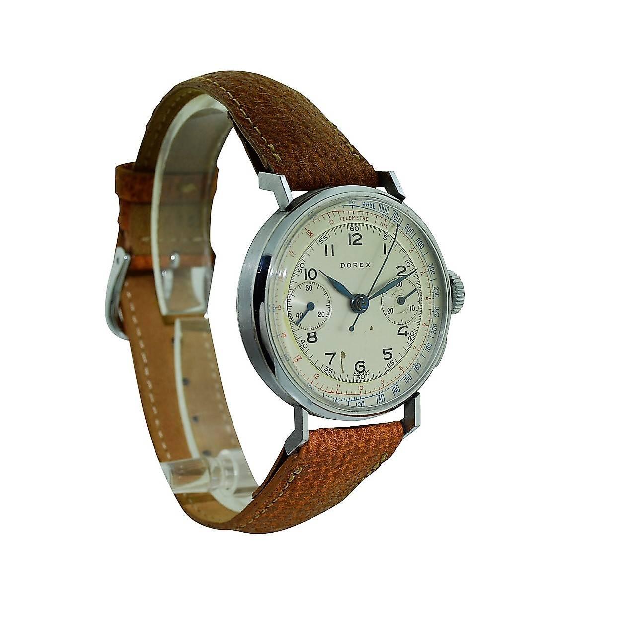FACTORY / HOUSE: Dorex Watch Company
STYLE / REFERENCE: Two Register Chronograph
METAL / MATERIAL: Stainless Steel
DIMENSIONS:  40 mm X 34 mm
CIRCA: 1940's
MOVEMENT / CALIBER: Manual Winding / 17 Jewels 
DIAL / HANDS: Original Silvered Dial /  Blued