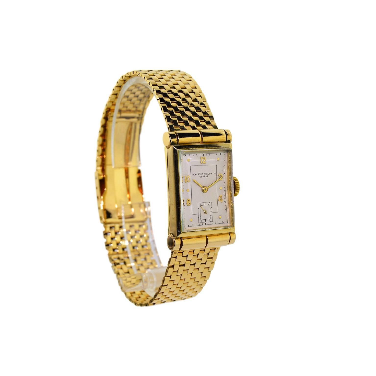 FACTORY / HOUSE: Vacheron Constantin
STYLE / REFERENCE:  Art Deco / Bracelet Watch
METAL / MATERIAL: 14Kt. Yellow Solid Gold
DIMENSIONS: 36 mm X 21 mm
CIRCA: 1940's 
MOVEMENT / CALIBER: Manual Winding /  17 Jewels 
DIAL / HANDS:  Silvered with