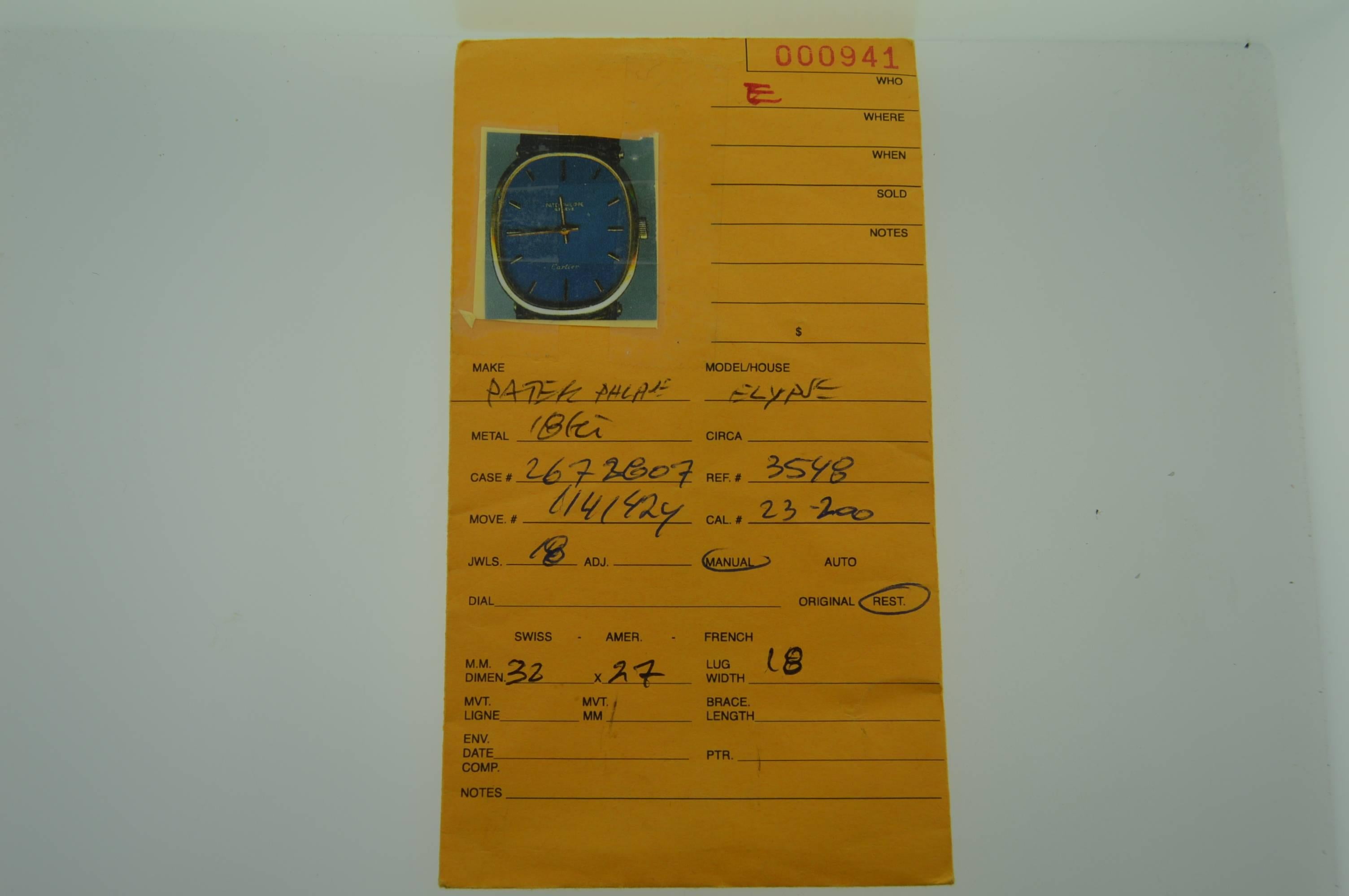 Patek Philippe Yellow Gold Ellipse Blue Dial Manual Wind Watch 5