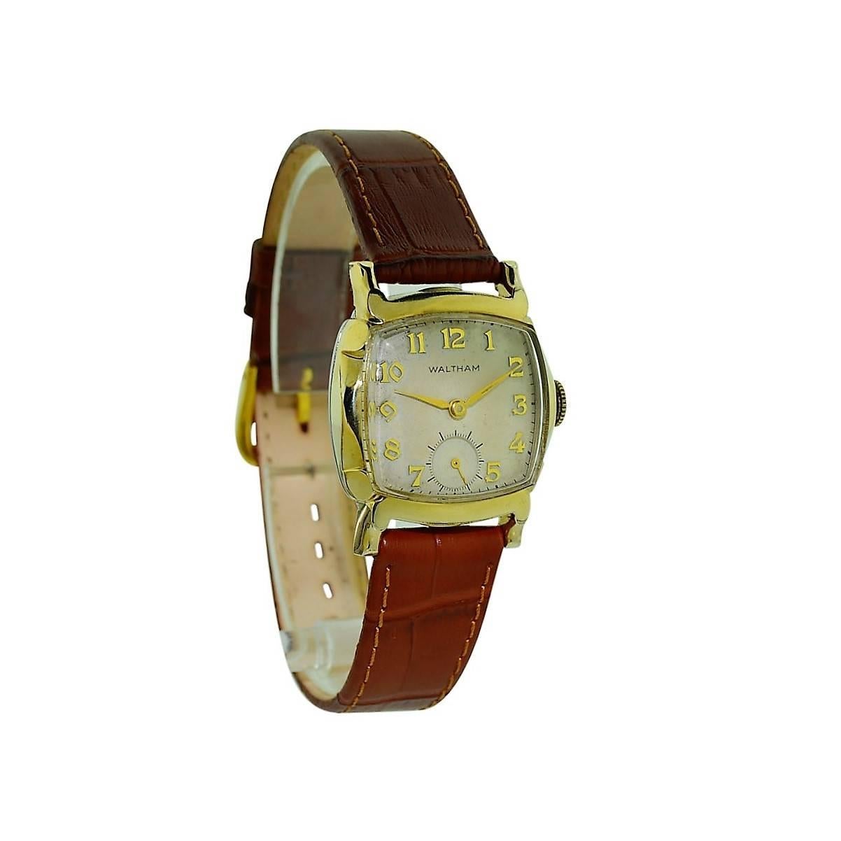 Waltham Yellow Gold Filled Art Deco Cushion Shape Manual Watch, circa 1940s In Excellent Condition In Long Beach, CA