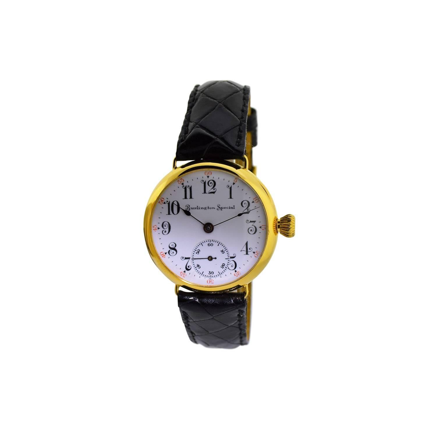 Burlington by Illinois Yellow Gold Filled Military Style Watch ca. 1914 In Excellent Condition In Long Beach, CA