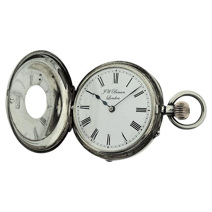 J.W. Benson Sterling Silver Half Hunters Case Pocket Watch, circa 1890s For Sale