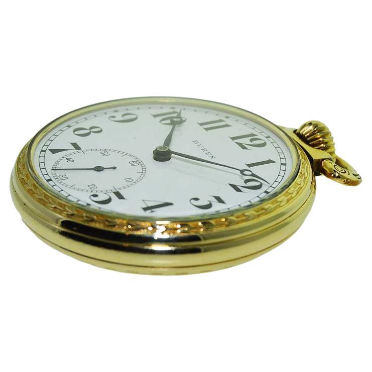 FACTORY / HOUSE: Buren Watch Co.
STYLE / REFERENCE: Pocket Watch / Open Faced
METAL / MATERIAL: Yellow Gold Filled
CIRCA / YEAR: 1930's
DIMENSIONS / SIZE: Diameter 49mm
MOVEMENT / CALIBER: Manual Winding / 7 Jewels 
DIAL / HANDS: Kiln Fired Enamel