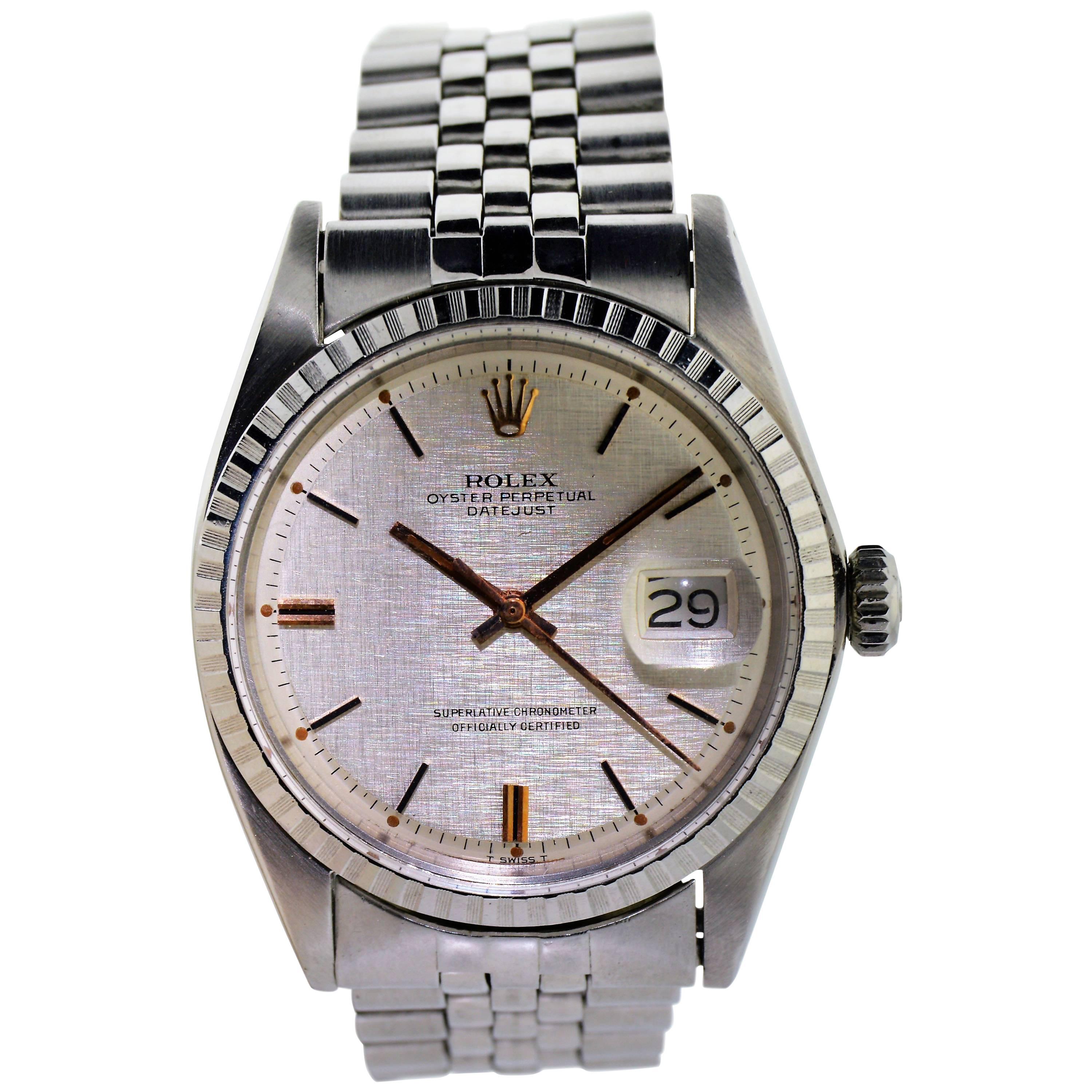 Rolex Montre Datejust en acier avec cadran en lin d'origine à remontage perpétuel, fin des années 1960