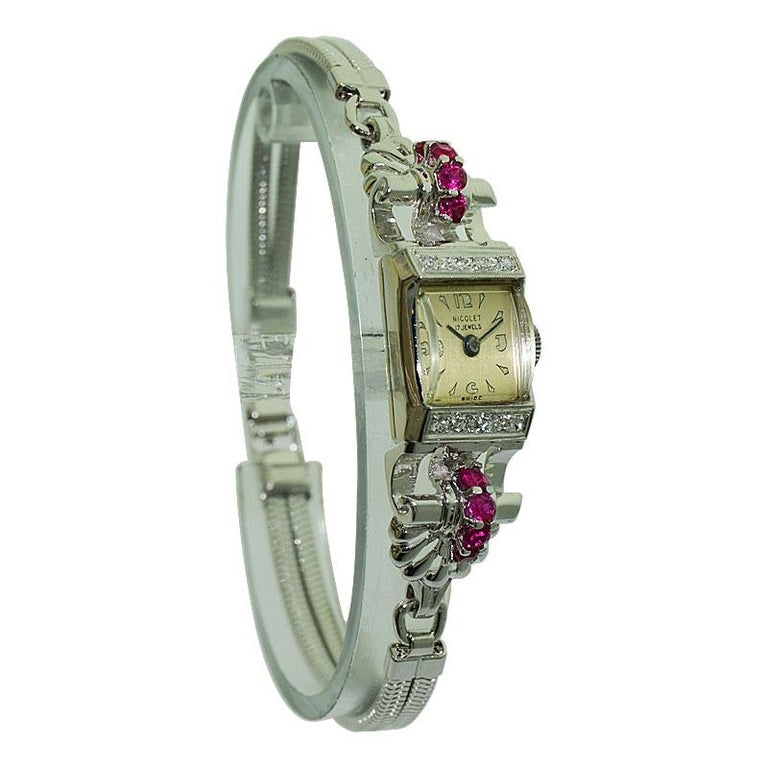 Nicolet Solid White Gold Art Deco Ladies Watch with Period Bracelet