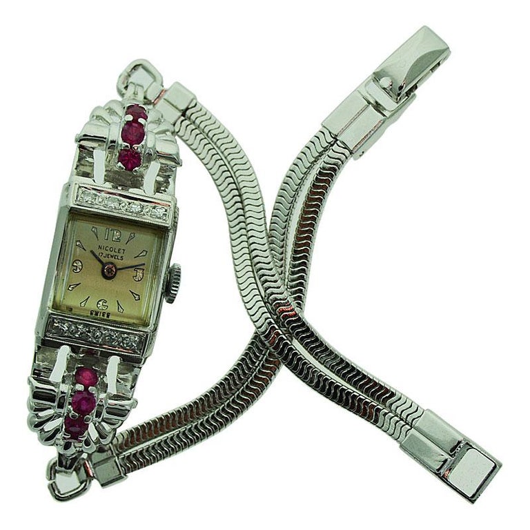 Nicolet Solid White Gold Art Deco Ladies Watch with Period Bracelet
