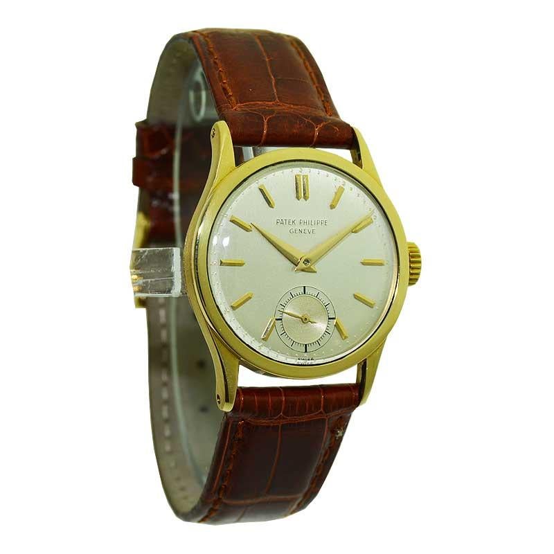 FACTORY / HOUSE: Patek Philippe et Cie.
STYLE / REFERENCE: Round Calatrava / Ref. 96
METAL / MATERIAL: 18 kt Yellow Gold
CIRCA / YEAR: 1940's
DIMENSIONS / SIZE: 38 mm X 31 mm
MOVEMENT / CALIBER: Manual Winding / 18 Jewels 
DIAL / HANDS: Original