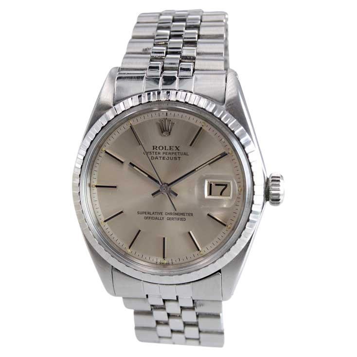 FACTORY / HOUSE: Rolex Watch Company
STYLE / REFERENCE: Datejust / Reference 1603
METAL / MATERIAL: Stainless Steel
CIRCA / YEAR: 1970's
DIMENSIONS / SIZE: Length 43mm x Diameter 36mm
MOVEMENT / CALIBER: Perpetual Winding / 26 Jewels / Caliber