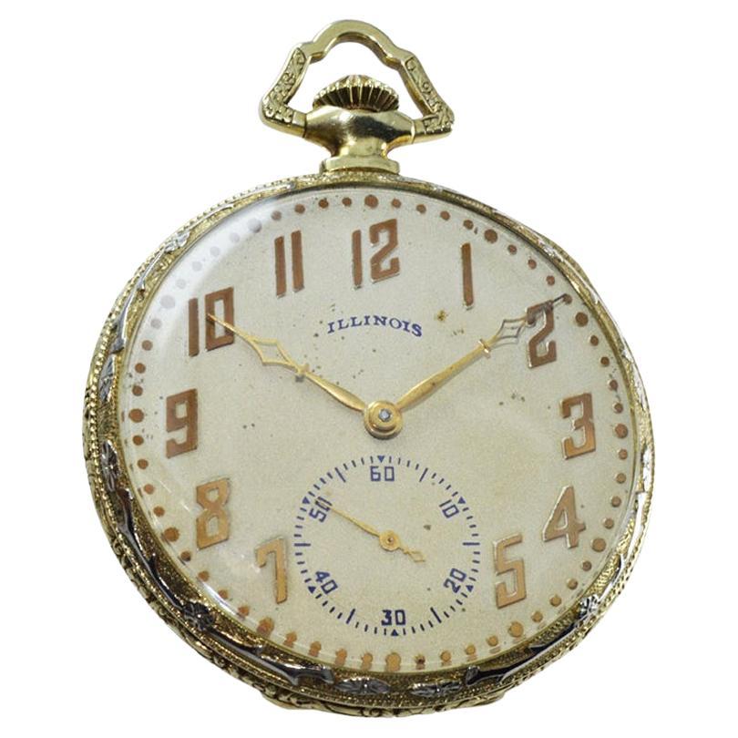 Illinois Two Tone Gold Filled Art Deco Opened Faced Pocket Watch from 1922 For Sale