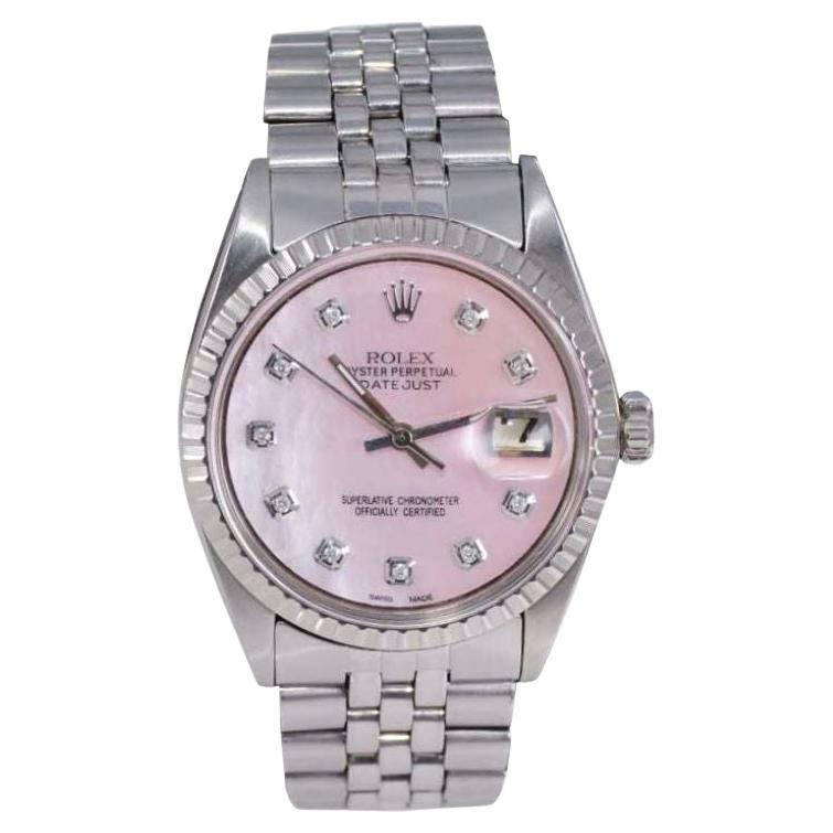 Rolex Steel Datejust with Custom Made Mother of Pearl Diamond Dial, 1970's For Sale