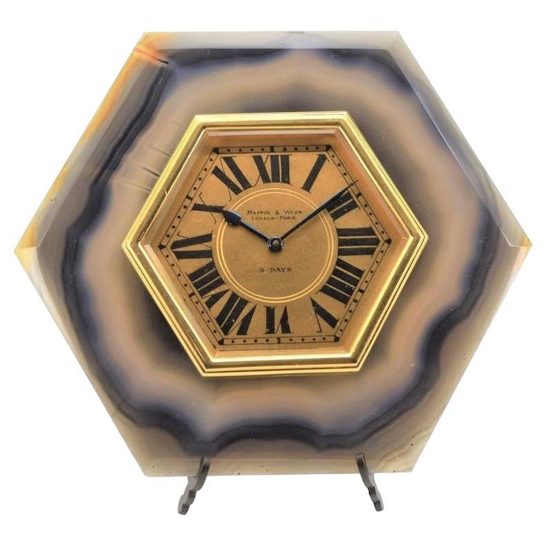 Mappin & Webb Agate and Gilded Brass Art Deco Style Desk Clock For Sale