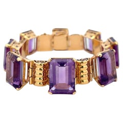 Pulsera vintage de eslabones de oro rosa de 18 quilates con 120 quilates de amatistas talladas en esmeralda, 59,9 g