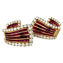 Vintage 18K Yellow Gold Clip-On Earrings with 6.85ct Round Diamond & 5.78ct Ruby