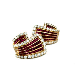 Vintage 18K Yellow Gold Clip-On Earrings with 6.85ct Round Diamond & 5.78ct Ruby