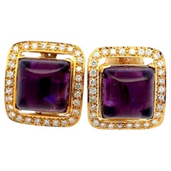 18K Yellow Gold Clip On Earrings with 2.56ct Round Diamonds & 27.5ct Amethyst
