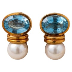 18 Karat Yellow Gold Clip On Earrings with 22.5ct Oval Aqua Marine & Pearls