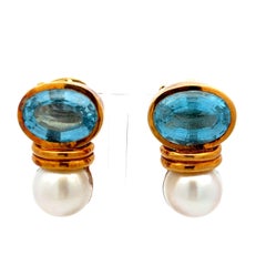 18 Karat Yellow Gold Clip On Earrings with 22.5ct Oval Aqua Marine & Pearls