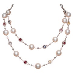 18K White Gold Station Necklace 1.56ct Diamonds Pearls & 4ct Multi Gemstones