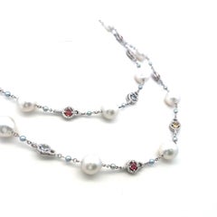 18K White Gold Station Necklace 1.56ct Diamonds Pearls & 4ct Multi Gemstones