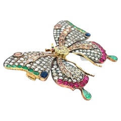 Vintage 18K Tri Color Gold Butterfly Pin Brooch with 1.4ct Ruby & Multi Gemstone