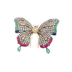 Vintage 18K Tri Color Gold Butterfly Pin Brooch with 1.4ct Ruby & Multi Gemstone