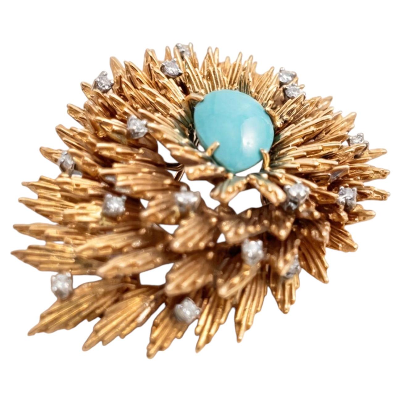 Cherny Vintage 18K Yellow Gold Sunburst Pin Brooch with Turquoise Gemstone