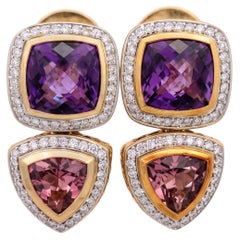 David Yurman 18K YG Drop Earrings 1.2ct Diamond 16.5ct Amethyst 4.3ct Tourmaline