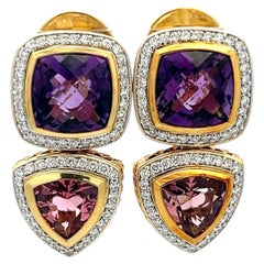 David Yurman 18K YG Drop Earrings 1.2ct Diamond 16.5ct Amethyst 4.3ct Tourmaline