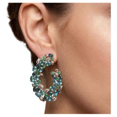18K Two Tone Gold Dangling Earrings 0.4ct Round Diamond 2.7ct Emerald 35ct Topaz