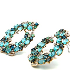18K Two Tone Gold Dangling Earrings 0.4ct Round Diamond 2.7ct Emerald 35ct Topaz