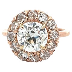 14K Rose Gold Halo Ring with 3.62ct Old European Diamonds Size 5.75 GIA K SI1