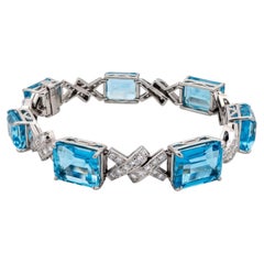 Vintage 14K White Gold Link Bracelet 3.5ct Old European Diamonds & Aquamarine
