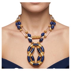 Lalaounis 18K Yellow Gold Pendant Necklace Crystal & Sodalite Beads and Slices