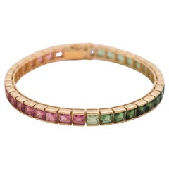 Vintage 18K Yellow Gold Tennis Bracelet with Multicolor Gemstones 7 Inch 18.7g