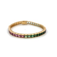 Vintage 18K Yellow Gold Tennis Bracelet with Multicolor Gemstones 7 Inch 18.7g