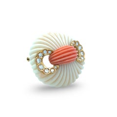 Van Cleef & Arpels 18K Yellow Gold Pin Brooch with Coral and 1.6ct Diamonds