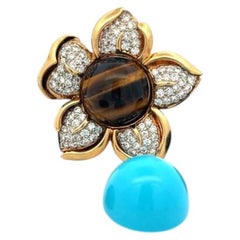 18K Yellow Gold Pin Brooch with 3ct Diamonds Pearls Turquoise Onyx & Tiger Eye