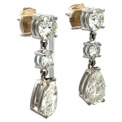 Vintage 5.62 Carat Pear And Round Diamonds 18 Karat White Gold Drop Earrings