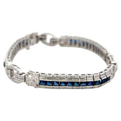 18K White Gold Art-Deco Bracelet with 1.54ct Round I I1 Diamonds & 6ct Sapphire