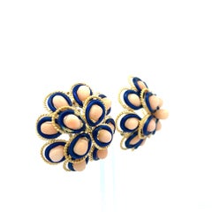 Vintage 18 Karat Yellow Gold Clip-On Earrings with Coral and Enamel 30.6 Grams