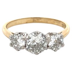18K Two Tone Gold/Plat Three-Stone Ring 1.37ct Old European Diamonds Size 6.75