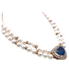 18K YG Heart Shape Choker Necklace with 4ct Mixed Cut Diamonds & 12.8ctSapphire