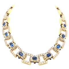 18K Yellow Gold Link Necklace with 11.5ct Round I SI Diamonds & 11.5ct Sapphires