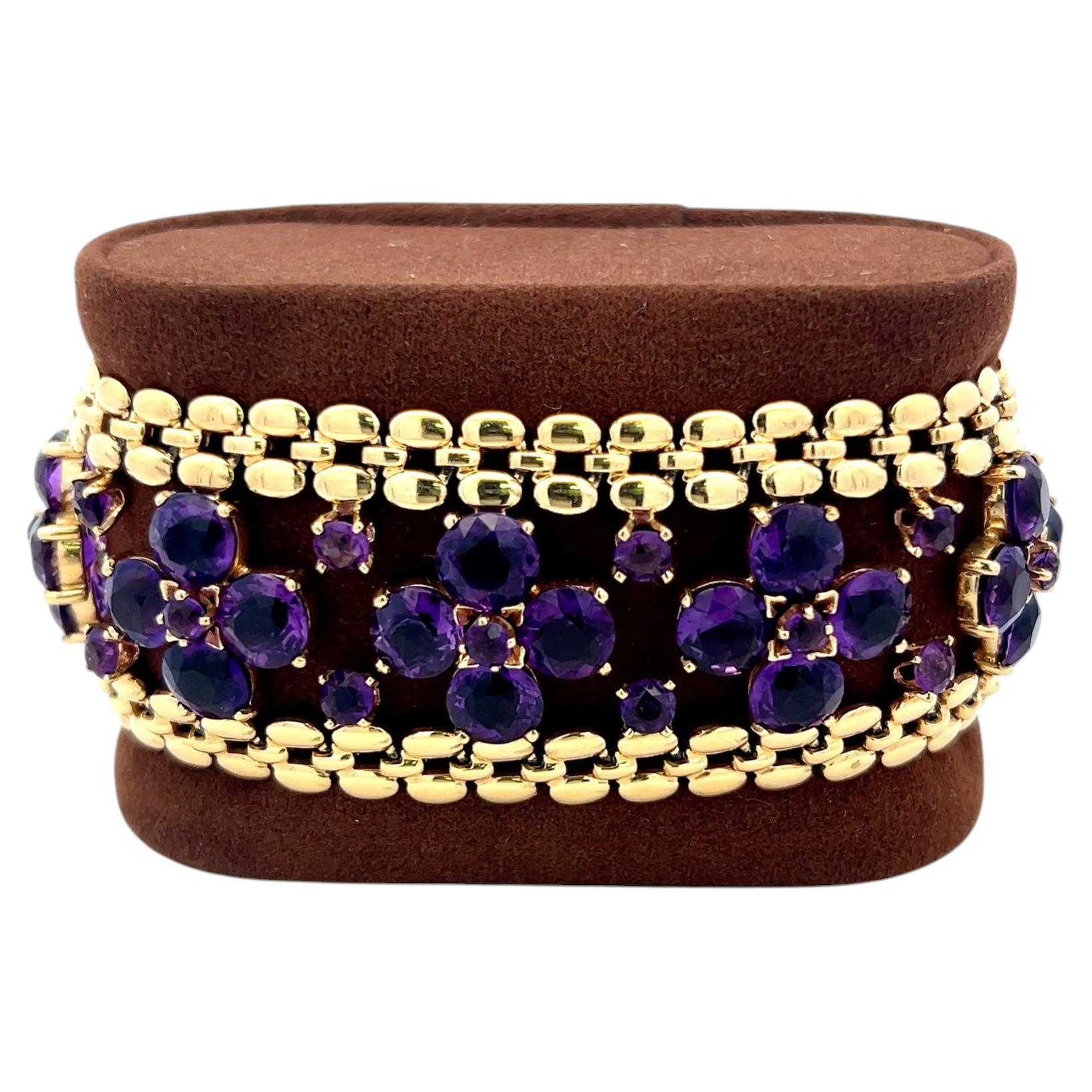 Pulsera vintage de eslabones de oro amarillo de 14K con amatistas redondas de 48,15 quilates, de 7 pulgadas en venta