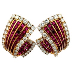 Vintage 18K Yellow Gold Clip-On Earrings with 6.85ct Round Diamond & 5.78ct Ruby