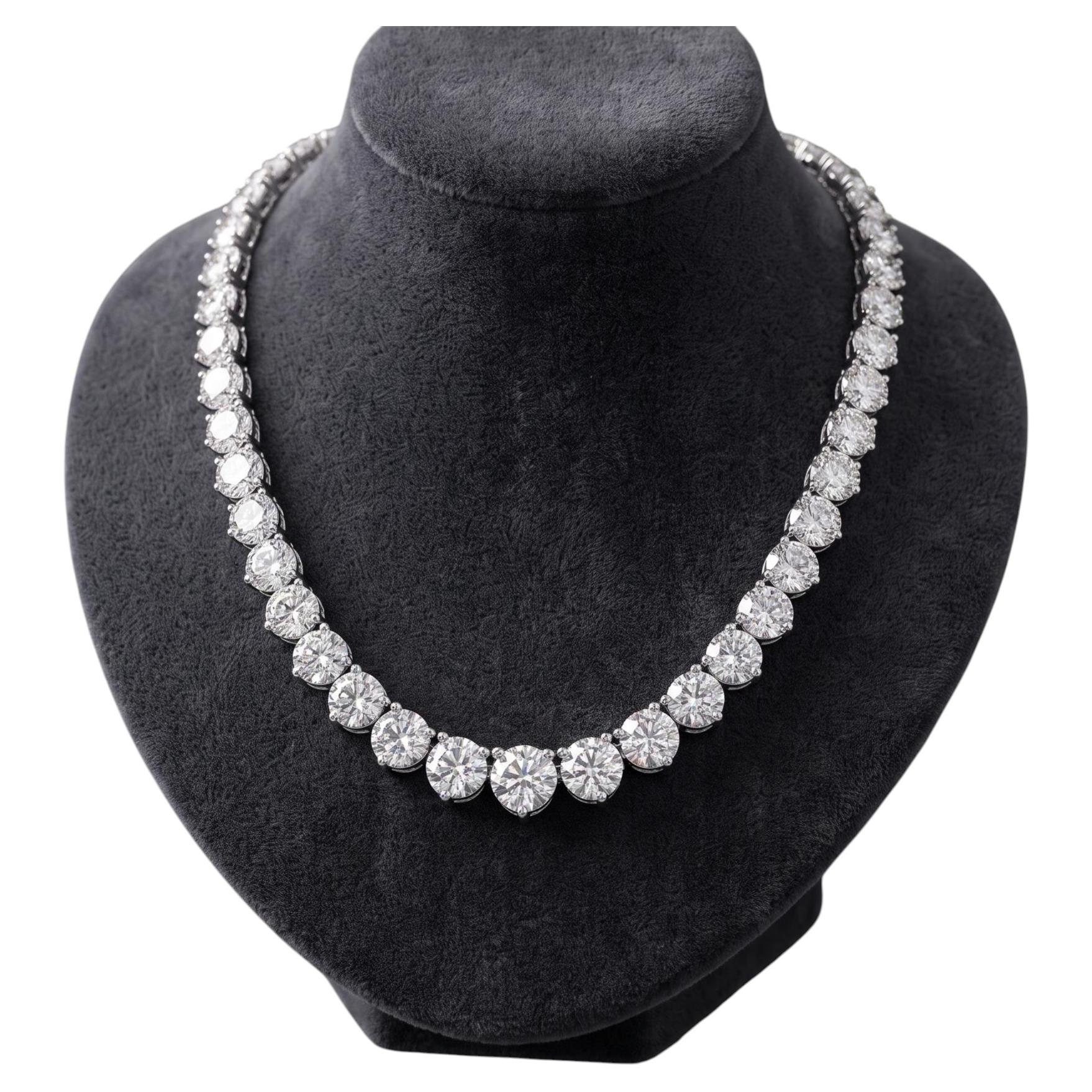 New 14K White Gold Riviera Necklace with 37.63 Carat Round Diamonds GIA