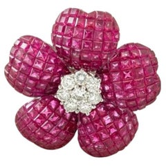 18K White Gold Pin Brooch with 1.25ct Round H VS Diamonds and 17 Carat Ruby