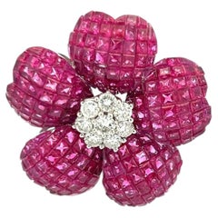 18K White Gold Pin Brooch with 1.25ct Round H VS Diamonds and 17 Carat Ruby
