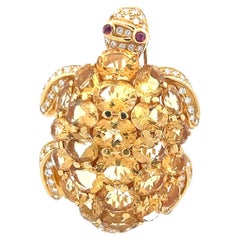 18K Yellow Gold Turtle Pin Brooch with 2.5 Carat Diamonds & 48 Carat Citrine